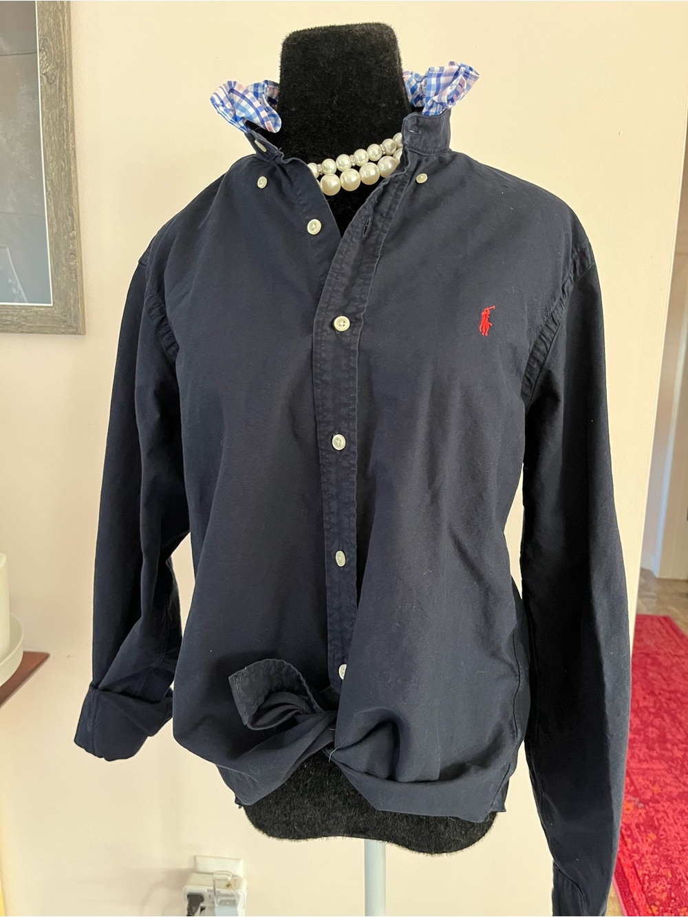 Refashioned Ralph Lauren Navy Button-Down Shirt with blue/pink Ruffle collar